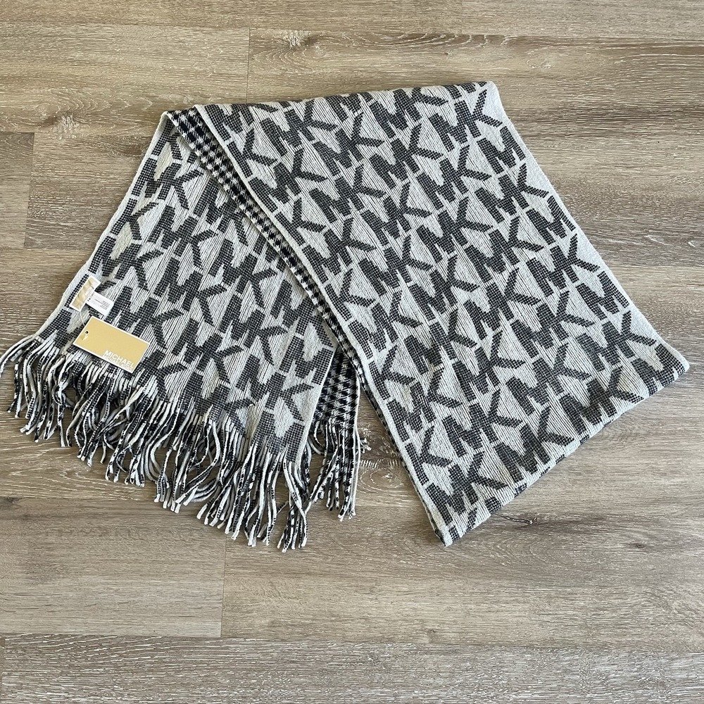 Michael Kors Womens Scarf Knit MK Logo Monogram Gray Black NWT $89